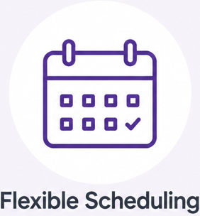 Icon of a calendar with a checkmark, representing flexible scheduling.