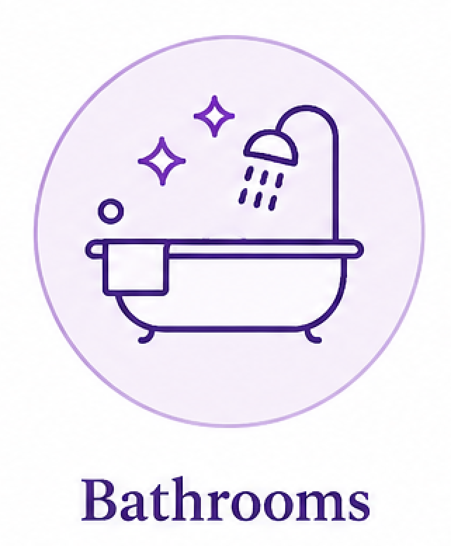 Illustration of a bathtub with a towel hanging over the side, a showerhead with water, and sparkles, inside a purple circle, with the word 'Bathrooms' underneath.