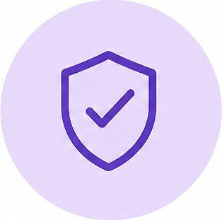 Purple shield icon with a check mark in the center, on a light purple background.