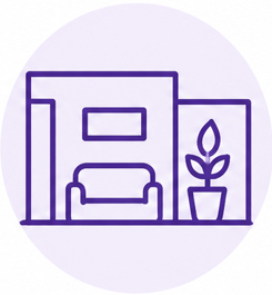 Line drawing of a living room with a couch and a potted plant