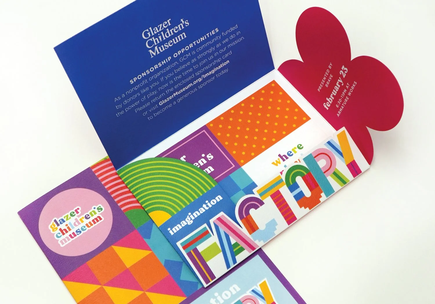 A spread of printed event collateral for the Imagination Factory gala, including a multi-patterned Glazer Children's Museum program and a multi-panel flower and arch-shaped die-cut invitation with bold graphic branding and event details.