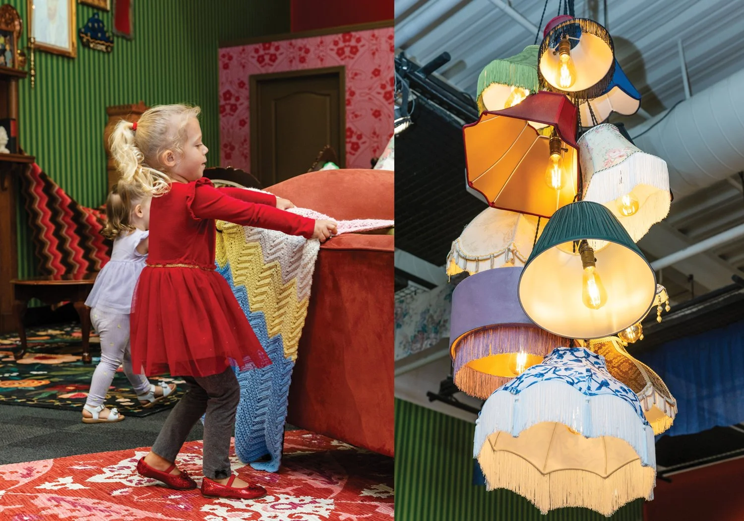 Two young girls explore a richly decorated FORTS exhibit with bold patterned wallpaper and vintage furnishings, paired with a detail shot of a cluster of mismatched vintage lampshades hanging overhead.