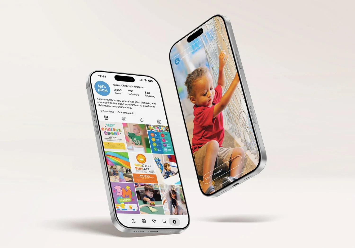 Two iPhone mockups floating against a soft neutral background, displaying Glazer Children's Museum's Instagram profile. The left phone shows the museum's feed with a colorful grid of event graphics and photos, including promotions for Grownup Night C