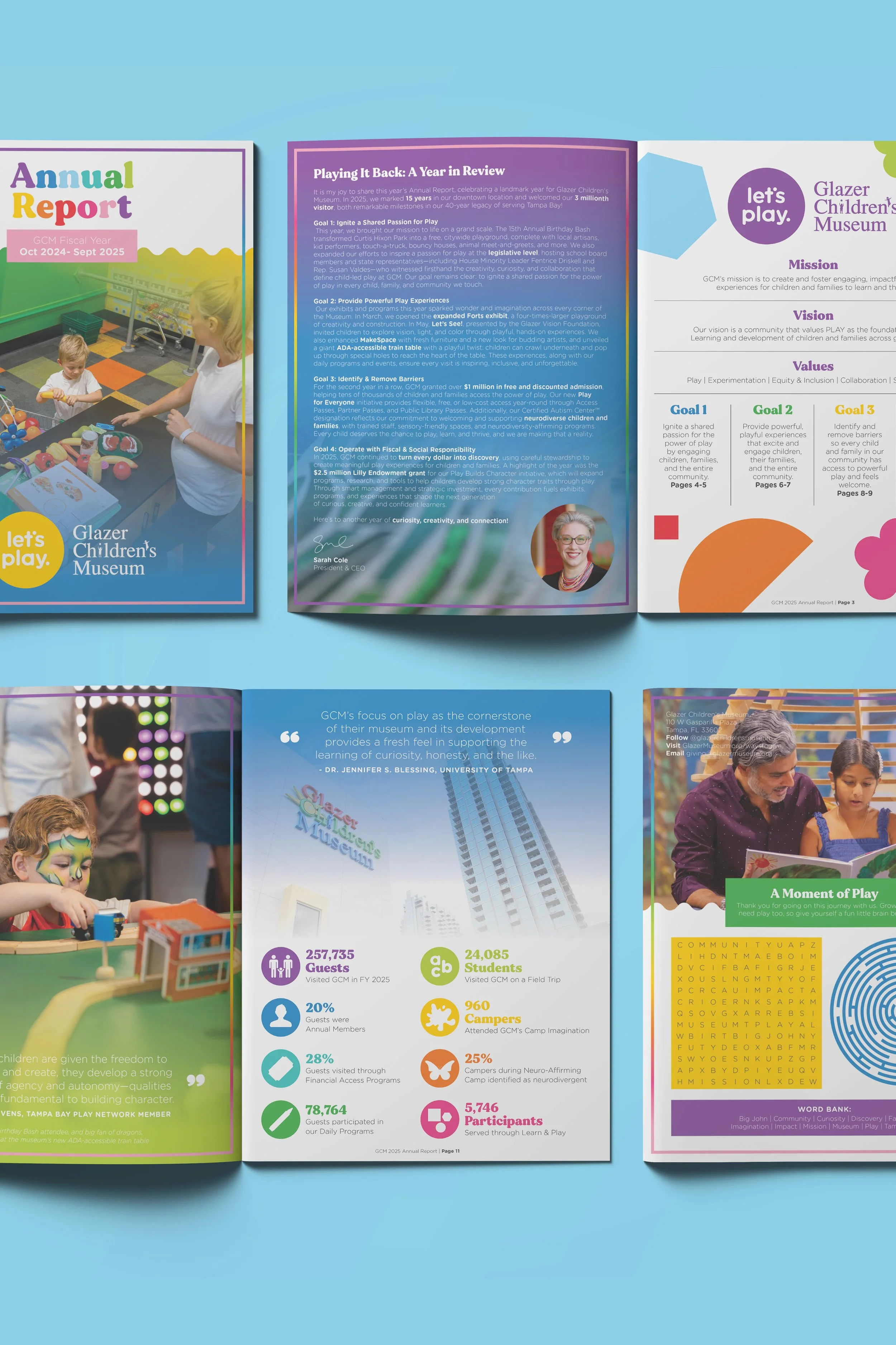 A flat-lay view of printed collateral for the Glazer Children's Museum's Annual Report, set against a light blue background. Selected spreads have colorful iconography with metrics, missional images of museum spaces and guests playing, quotes from st