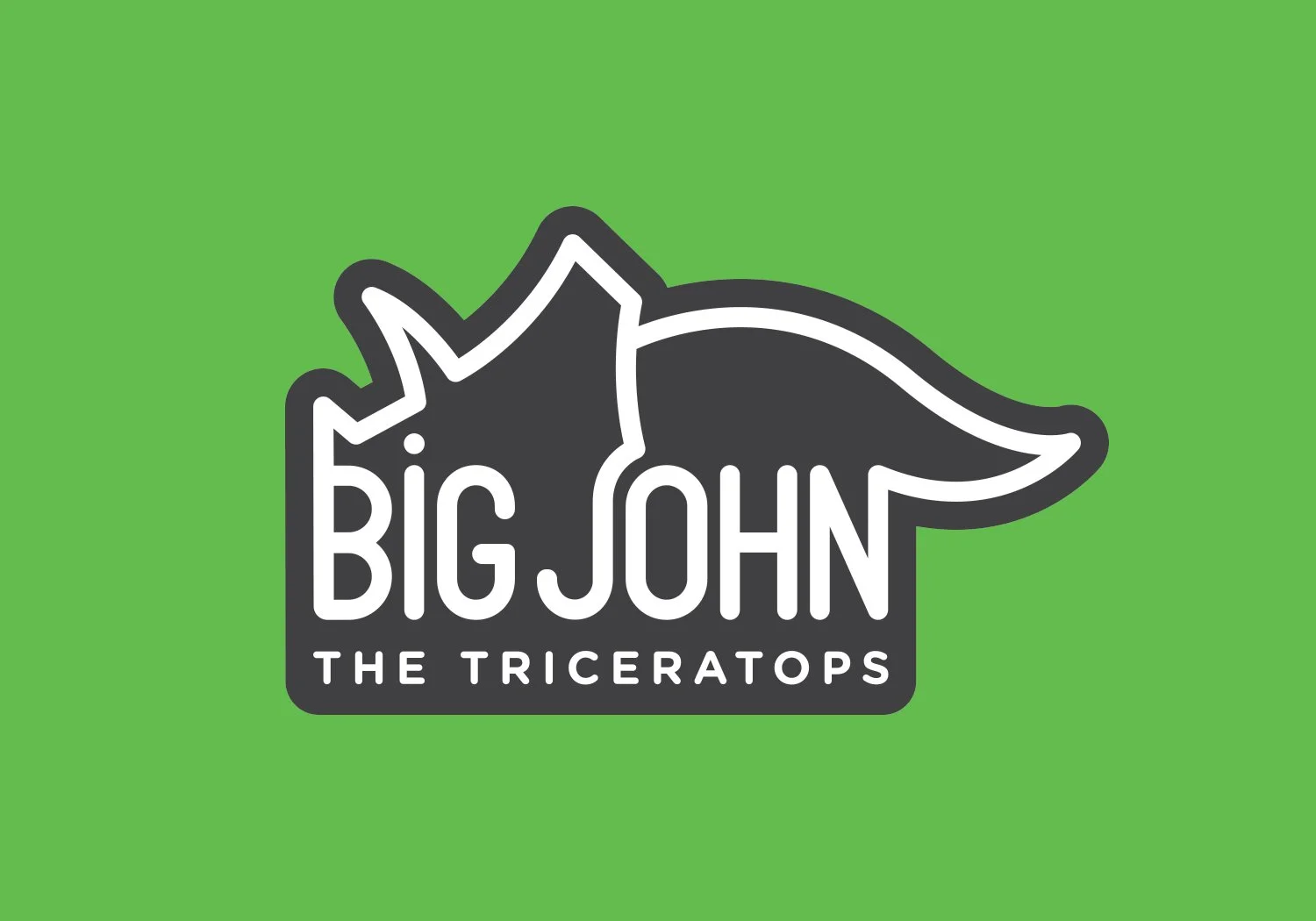 The Big John the Triceratops exhibit logo on a bright green background, featuring a bold black Triceratops silhouette with a white outline enclosing the text BIG JOHN THE TRICERATOPS.