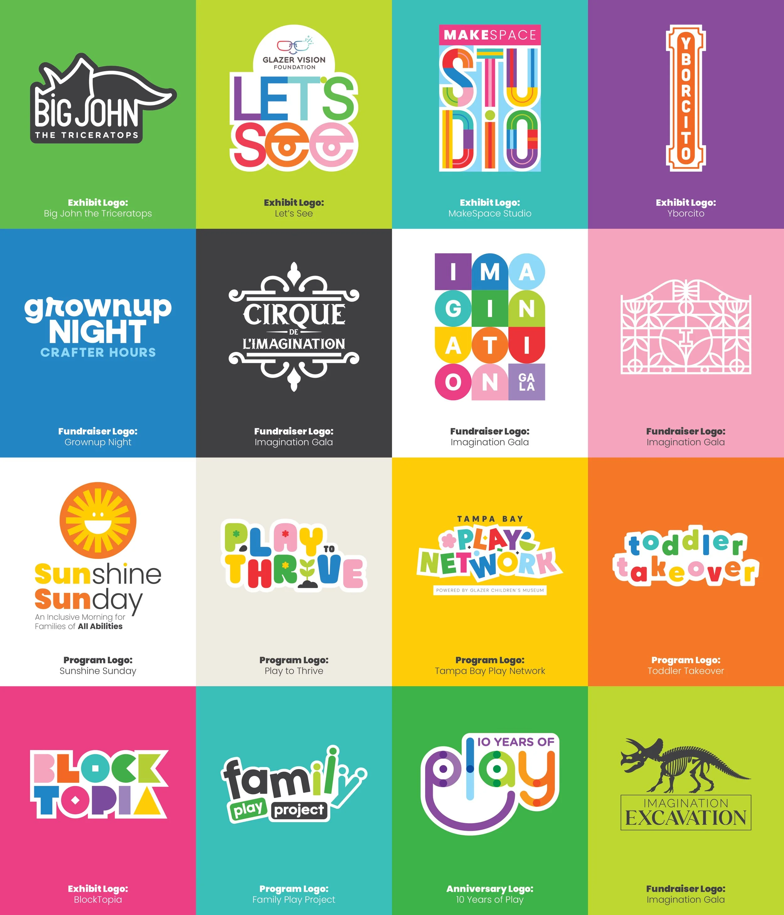 A logo design sheet featuring sixteen logos created for Glazer Children's Museum, displayed in a four-by-four grid on colorful backgrounds. Logos span three categories: exhibits, fundraisers, and programs, and include: Big John the Triceratops, Let's