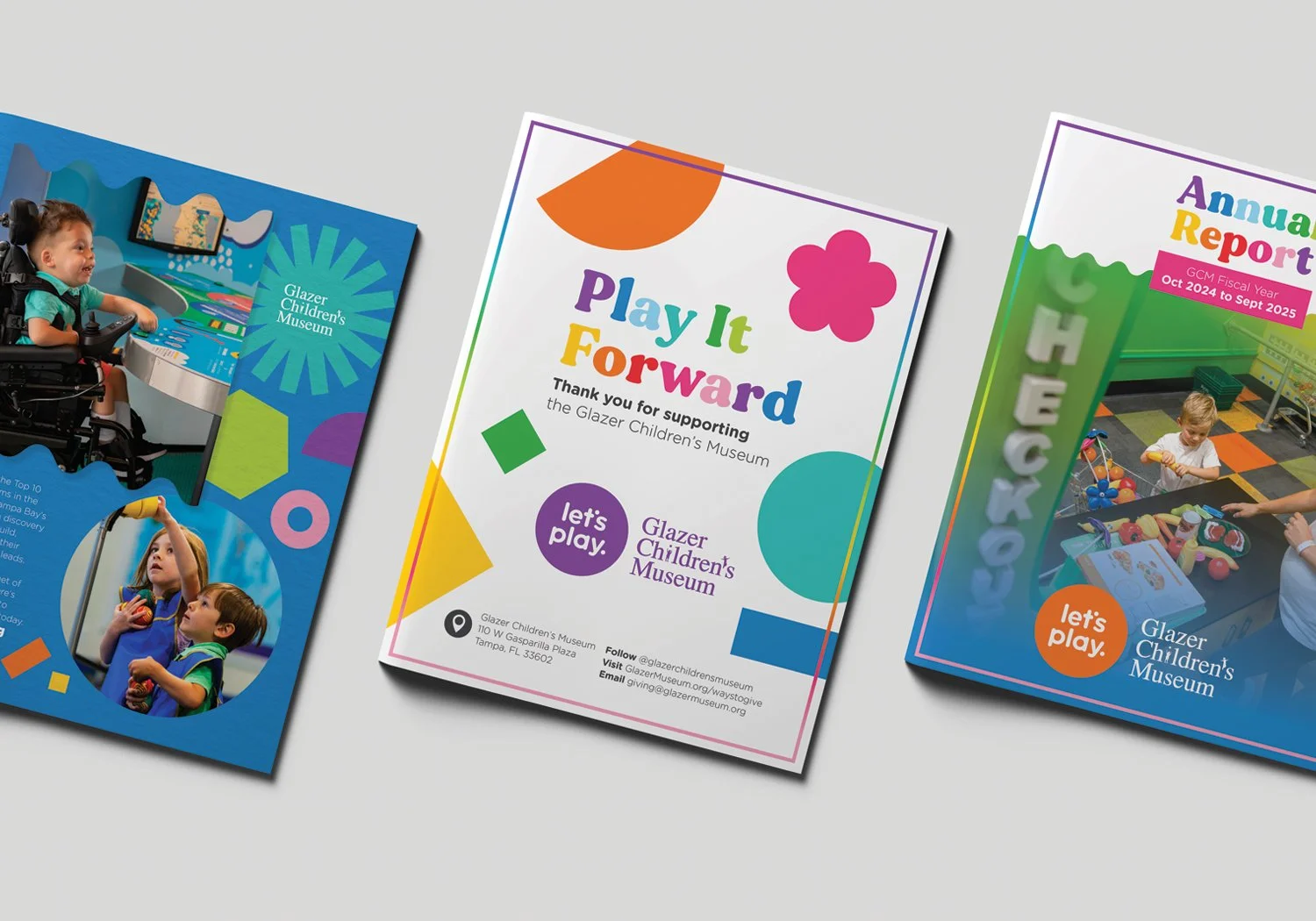 A vibrant view of printed booklet covers for the Glazer Children's Museum set against a gray background. Pieces were created to promote brand awareness, share fundraising opportunities, and share dynamic metrics each year.