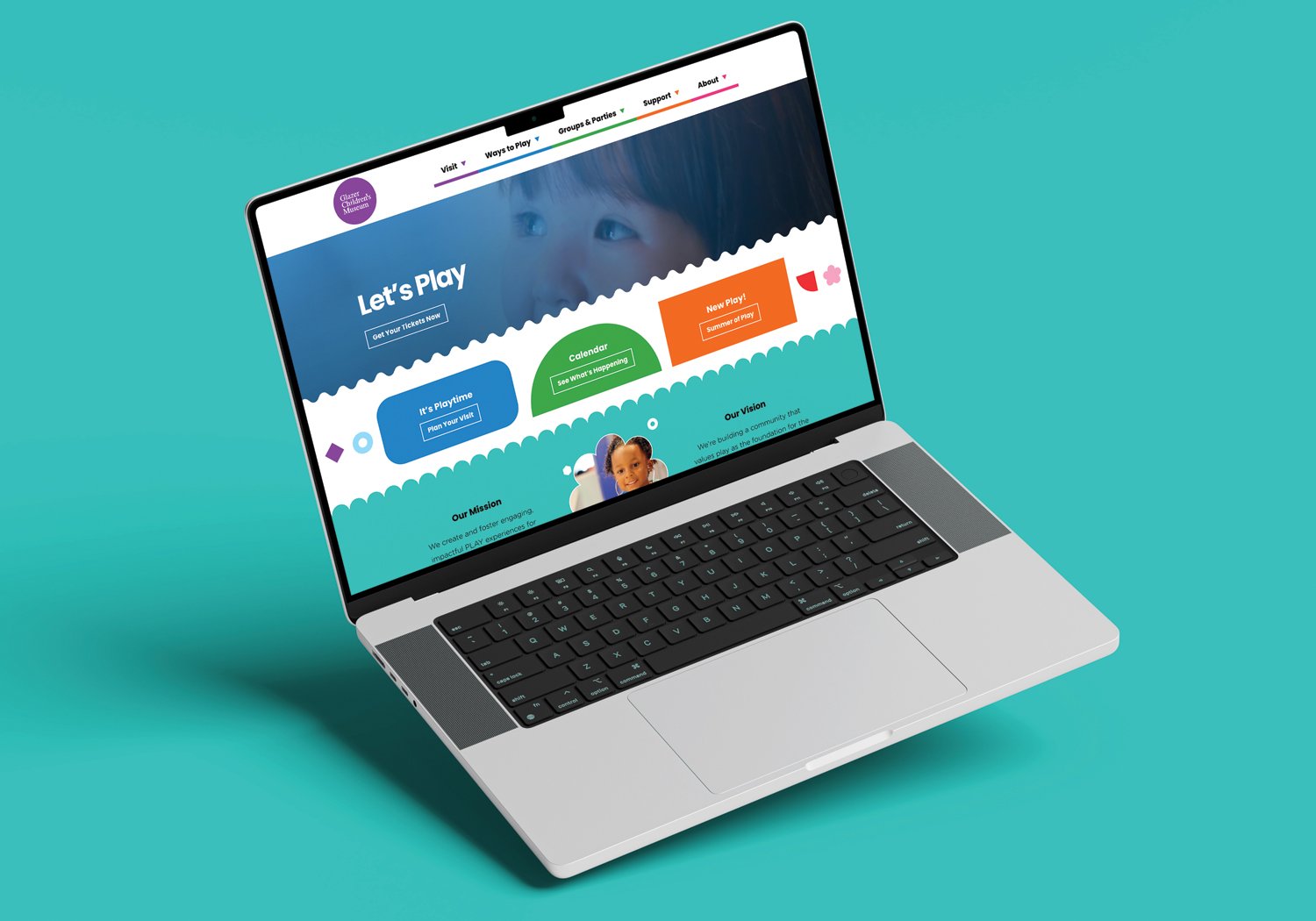 An open laptop shows the desktop view of the Glazer Children's Museum's homepage, which includes colorful navigation and brand assets, set against a teal background.