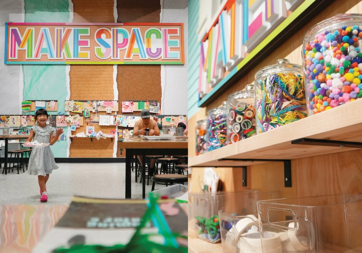 A young girl smiles in front of a colorful MAKE SPACE sign and a corkboard and torn paper wall displaying children's artwork next to an image of shelves holding glass jars filled with craft supplies, including pom poms, ribbons, and washi tape.