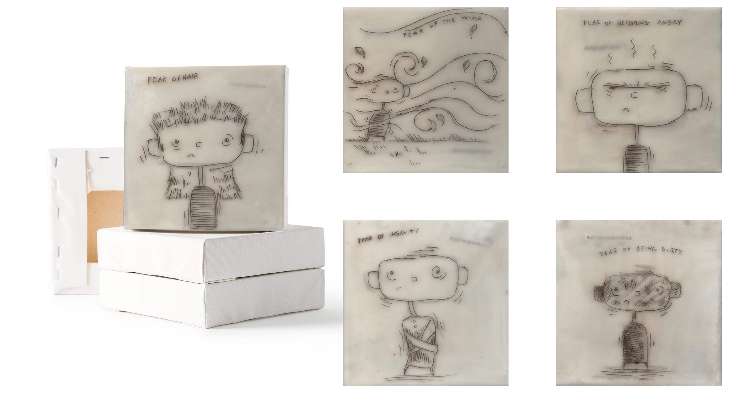 A ceramic sculpture of a child's face with spiky hair and a sad expression, mounted on a stand. Multiple sketches of similar childlike faces with different themes like fear of hair, insanity, anger, and dirt are displayed in the background, each with handwritten titles.