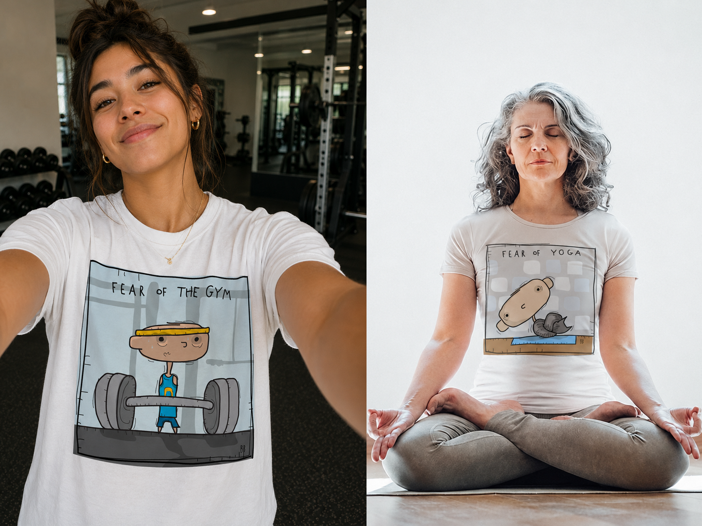 A woman taking a selfie in a gym wearing a white T-shirt with a cartoon of a weightlifting character and the text "Fear of the Gym." Another woman practicing yoga indoors, wearing a similar T-shirt with a cartoon of a yoga mat and the text "Fear of Yoga."