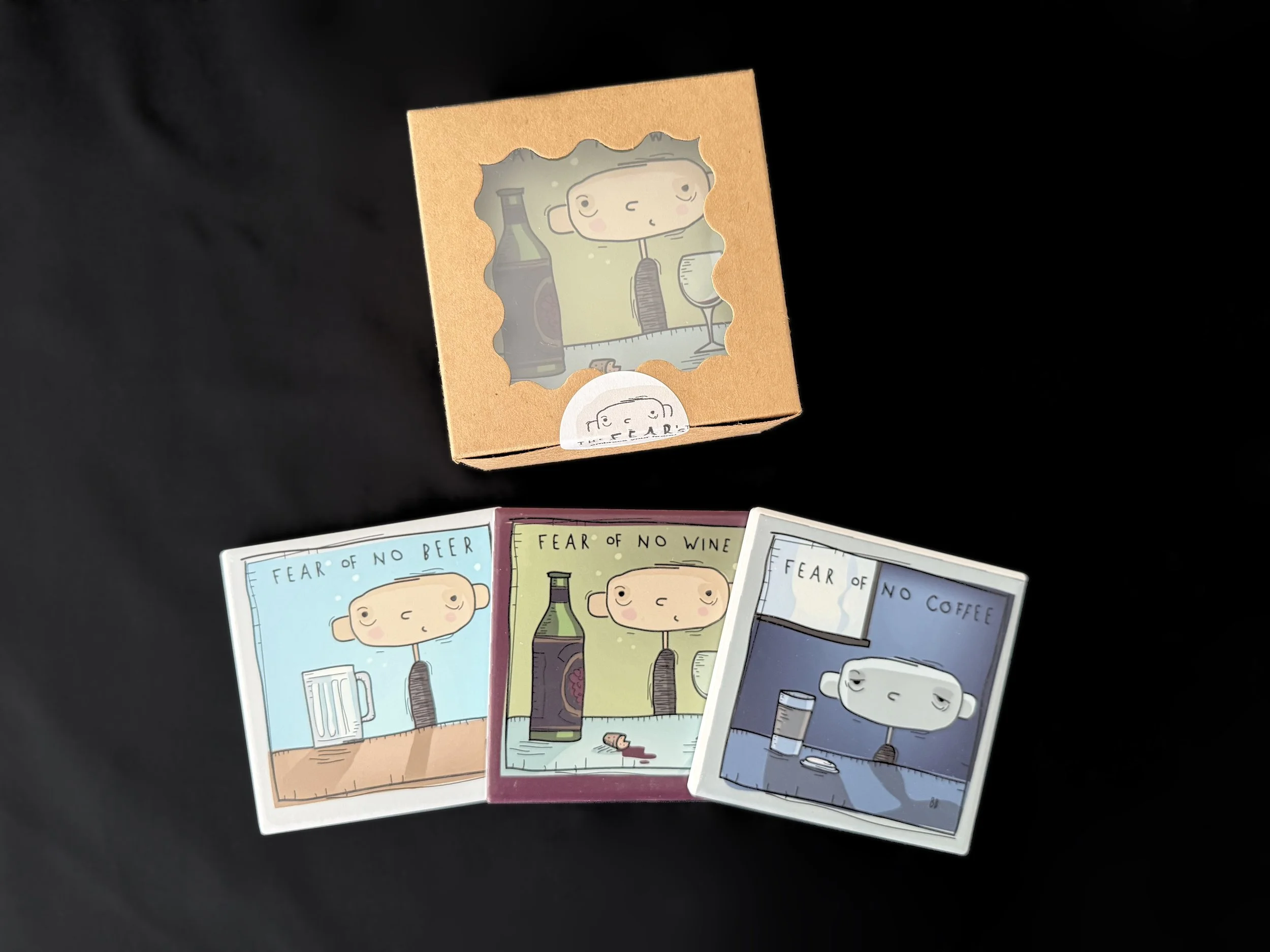 Three illustrated cards about the fear of beverages, each featuring a cartoon face and a drink, with a boxed set at the top showing a cartoon face with a wine glass and a bottle.
