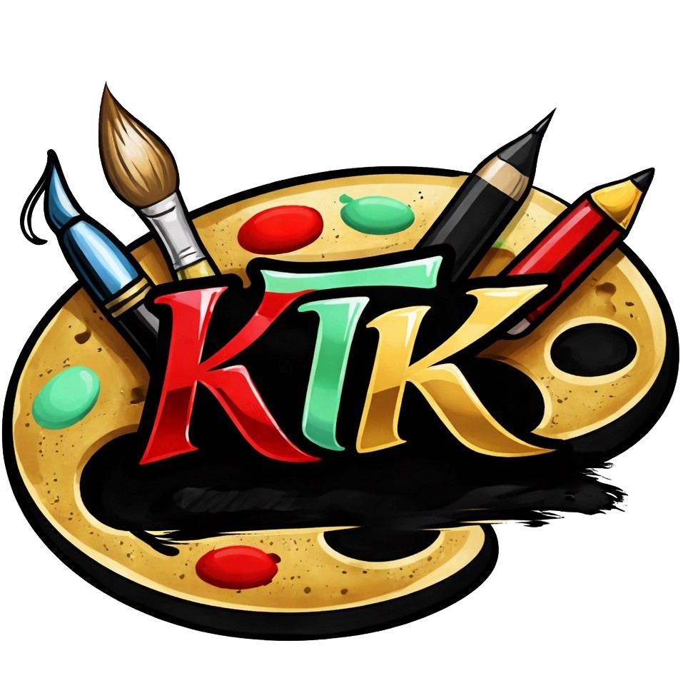 A cartoon-style paint palette with paintbrushes and colored pencils surrounding the word 'KIK' in colorful letters, all over a black paint splash.