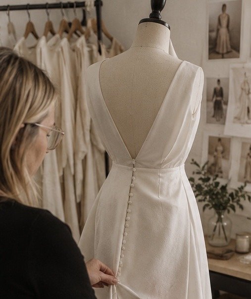Woman pinning a bit of a wedding dress