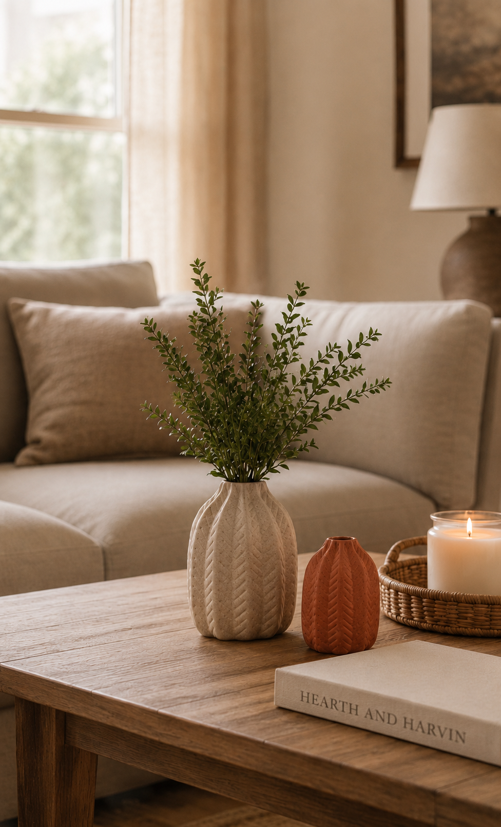 A beige living room with a beige sofa, a wooden coffee table, a white textured vase with green plants, a smaller reddish-brown vase, a lit candle in a glass jar, and a book titled 'HEARTH AND HARVIN' on the coffee table.