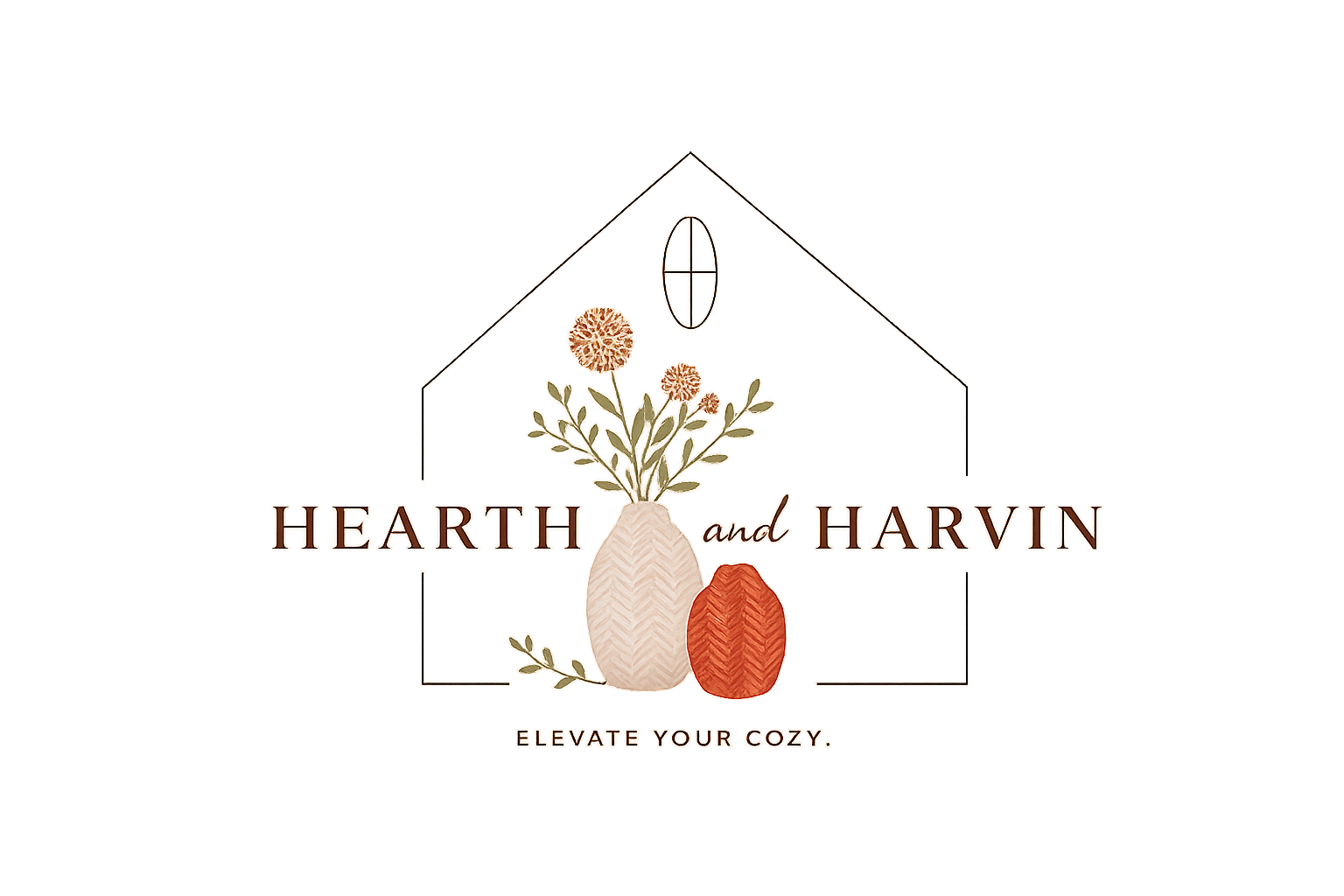 Logo for 'Harth and Harvin' featuring a house outline, floral illustrations in vases, and the slogan 'Elevate Your Cozy'.