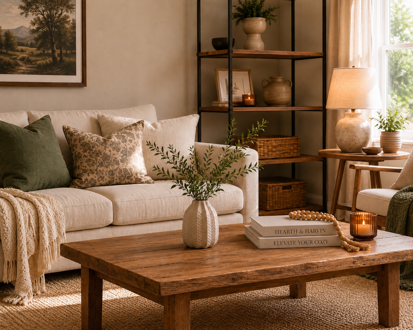 Cozy living room with a white sofa, decorative pillows, a wooden coffee table with a vase of green leaves, books, and candles, a side table with a large lamp and potted plant, a black metal and wood bookshelf with vases and framed art, and a window with beige curtains letting in natural light.