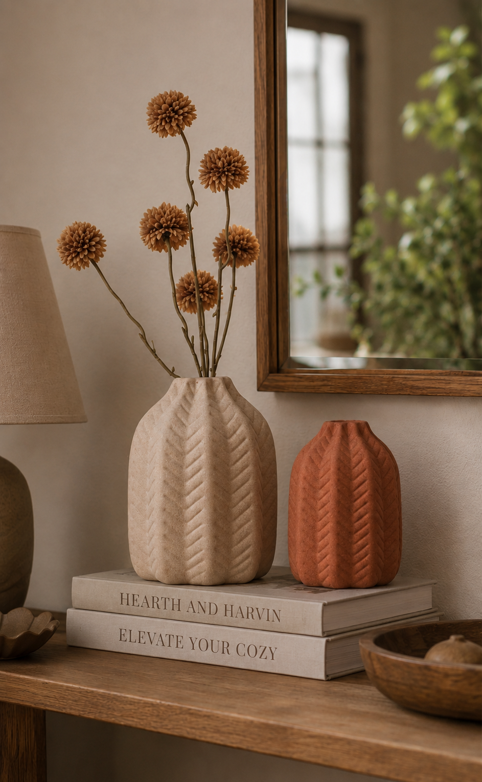 Decorative vases with textured patterns, a book titled "Hearth and Harvin" and "Elevate Your Cozy," a table lamp, a wooden bowl, and a mirror reflecting greenery.