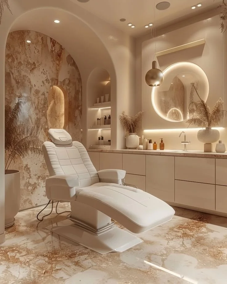 A modern dermatology or spa treatment room with a white reclining chair, marble flooring, and minimalistic decor, including a mirror with backlit LED lighting and vases with dried plants.
