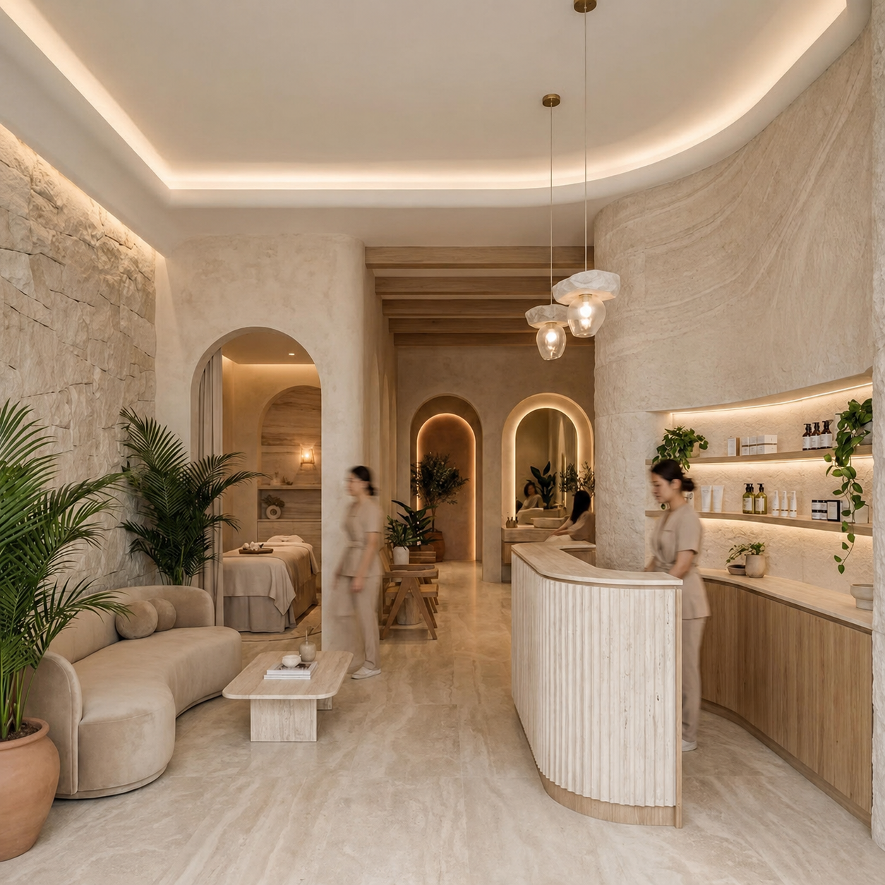 A spa reception area with a curved wooden counter, beige walls, and soft ambient lighting. There are a few people, a beige sofa with a coffee table, potted plants, and a massage room in the background.