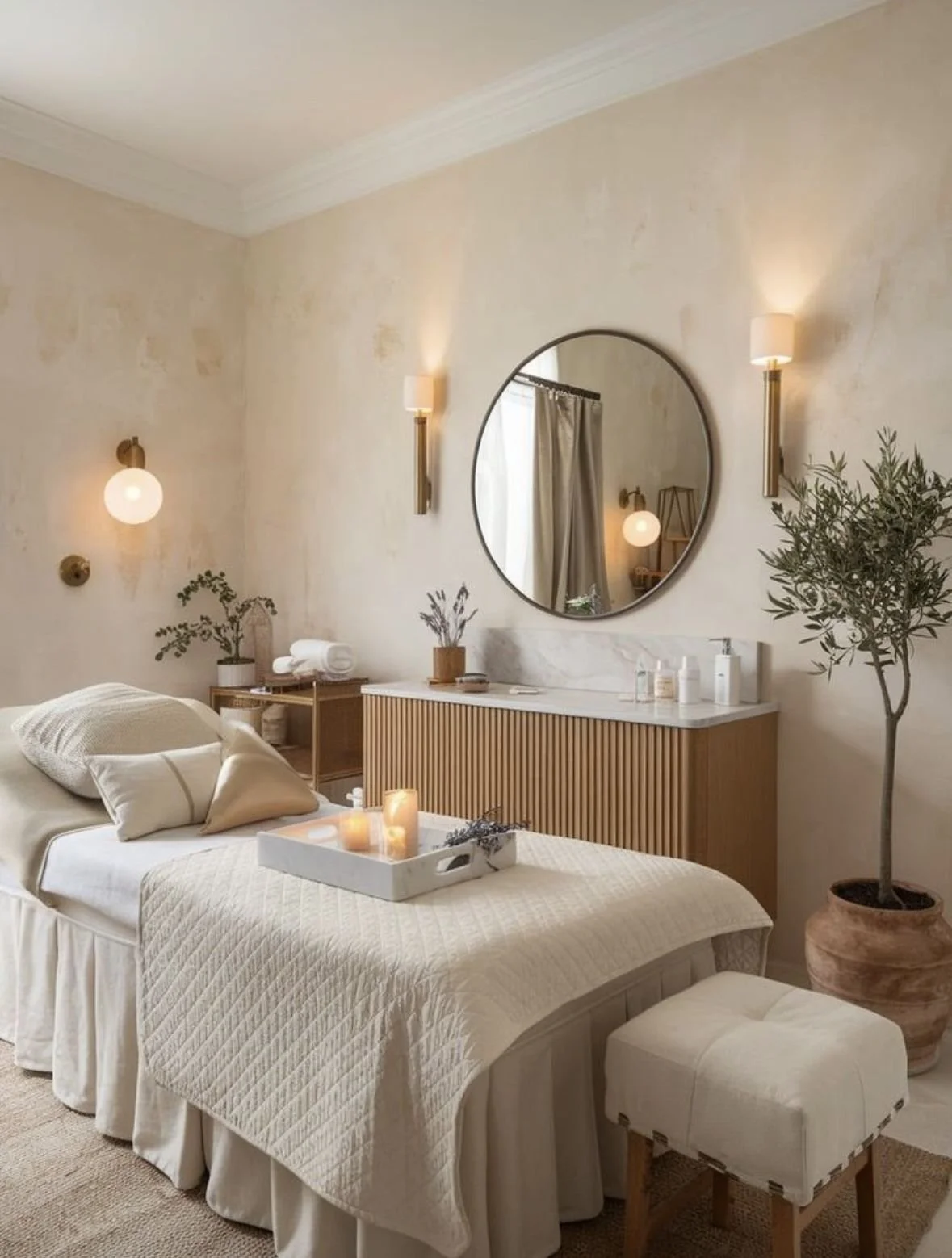 A cozy bedroom with a beige color scheme, featuring a bed with textured bedding and pillows, candles on a tray at the foot, a large round mirror, wall sconces with soft lighting, small plants, and a wooden dresser with bottles and decorative items. A large potted tree is in the corner, and a small upholstered stool is in front of the bed.