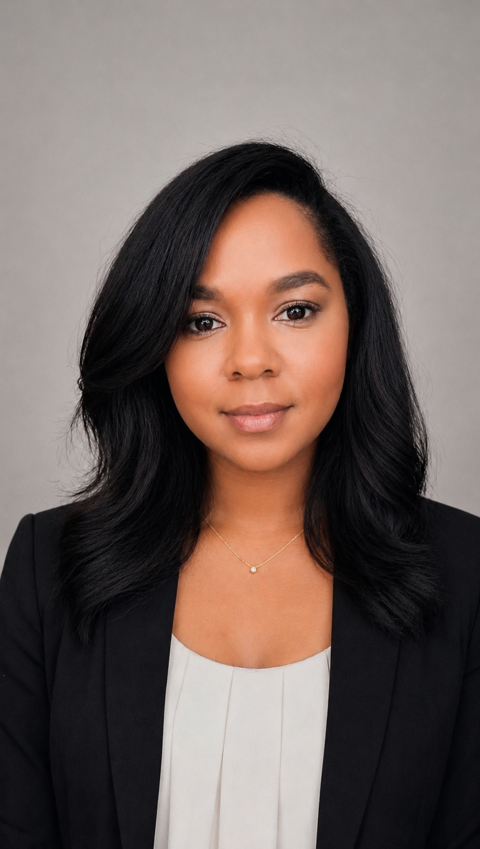 Professional headshot of a woman with dark, shoulder-length wavy hair, wearing a black blazer over a white blouse, and a delicate gold necklace, against a gray background.