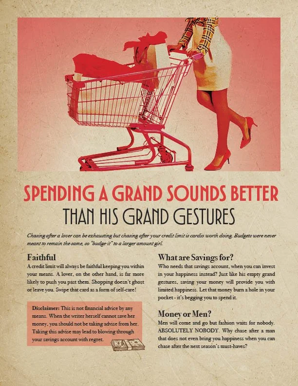 Pin up style poster stating that spending a grand sounds better than his grand gestures.