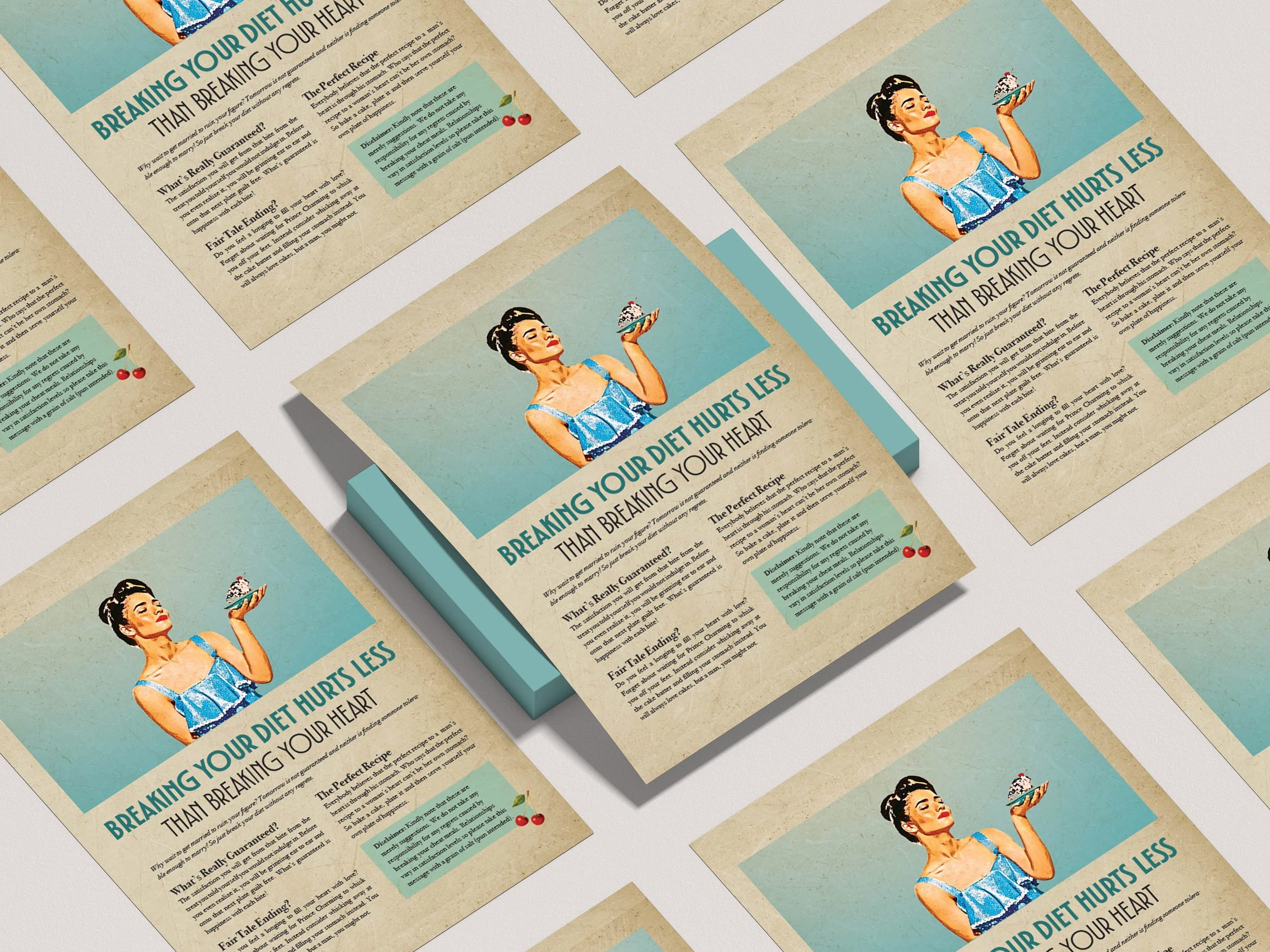 Multiple 'Breaking Your Diet' posters laid on a white background.