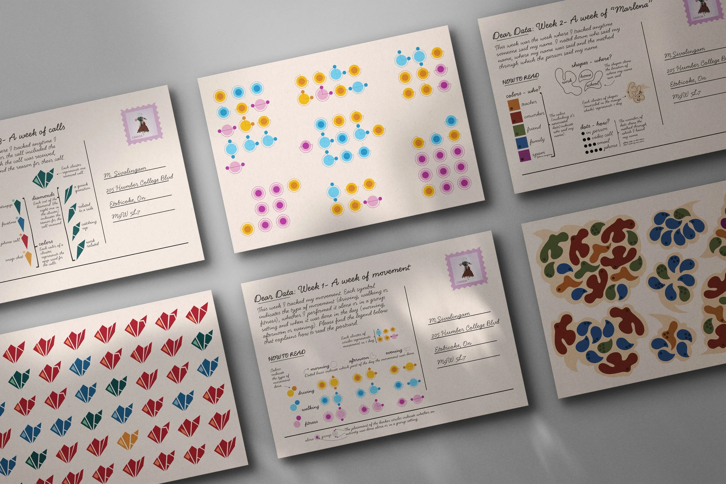 Six postcards laid out on a grey background with only two fully visible.