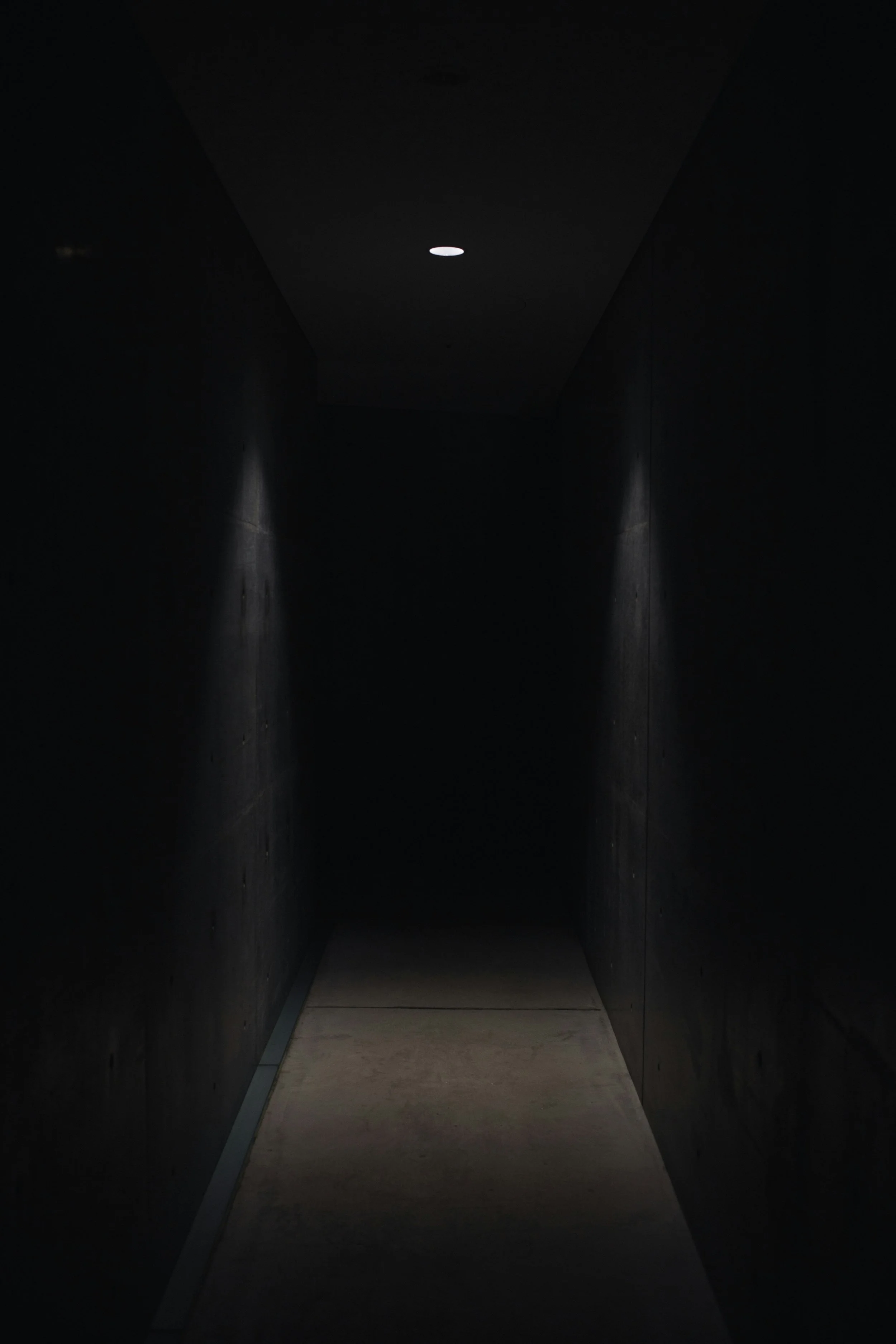 A darkly lit hallway with two faint light sources on the walls.