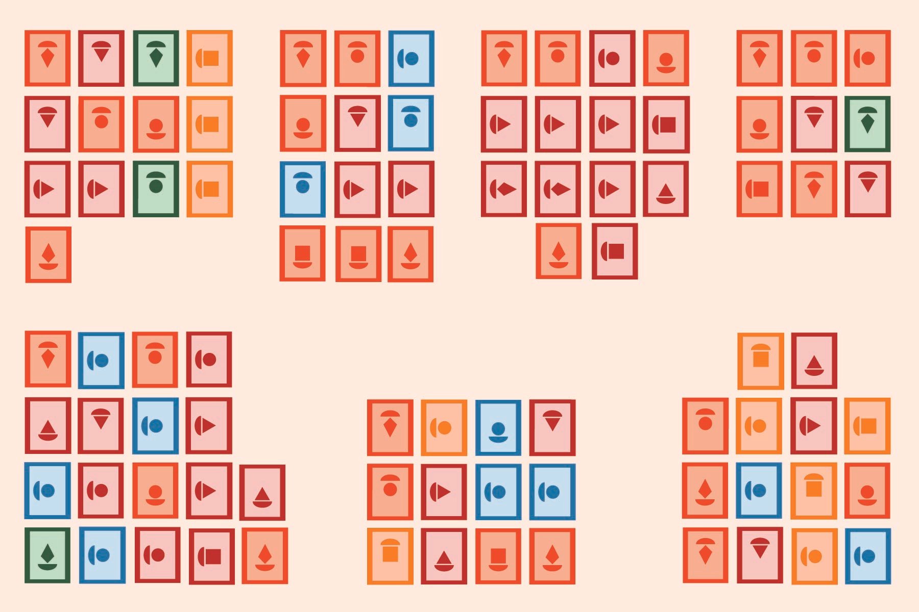 Week 4 postcard front design with abstract art containing shapes within rectangles of orange, green, red and blue.