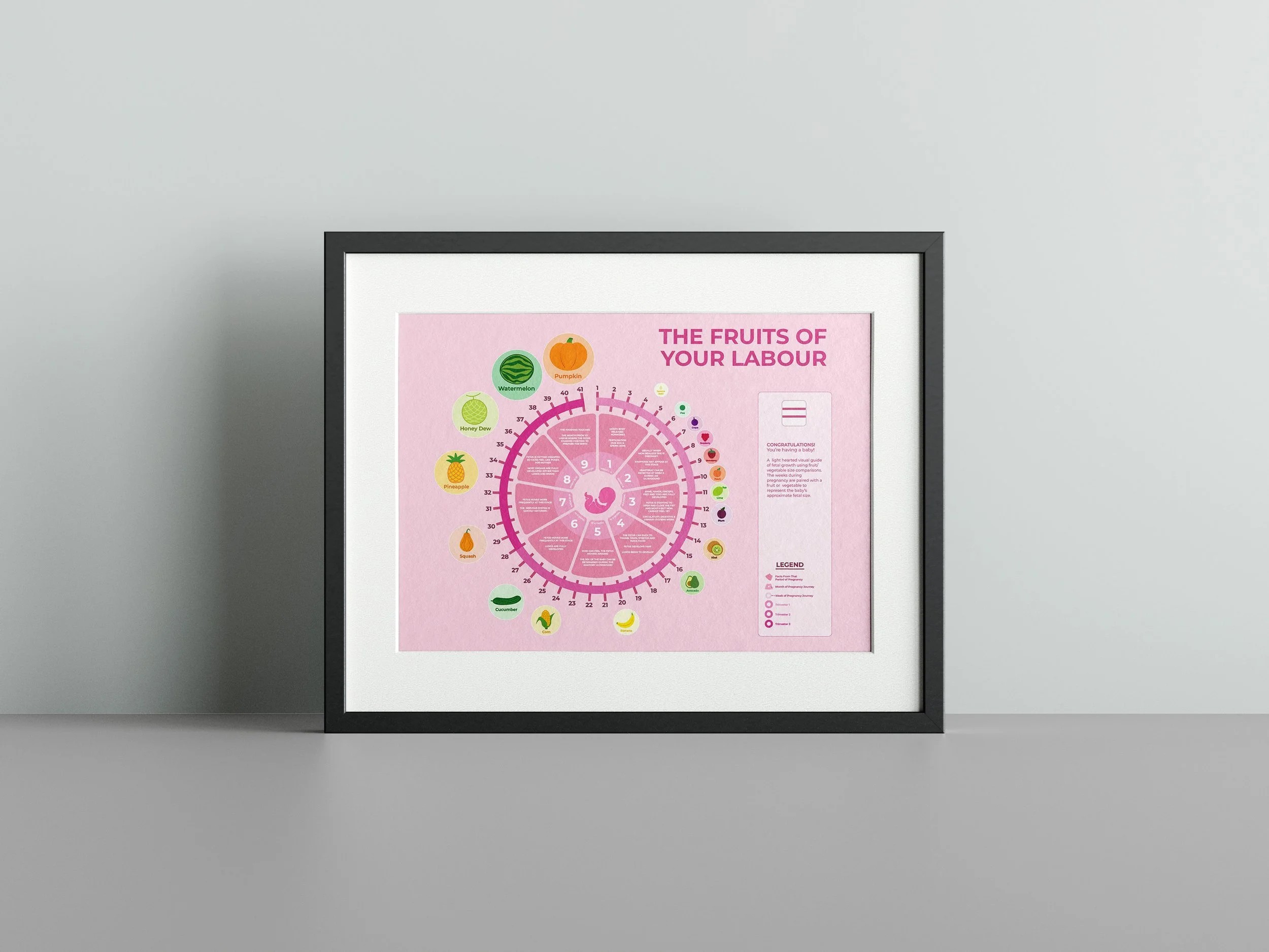 Fruits of Labour poster framed and laid on a grey floor against a grey wall.