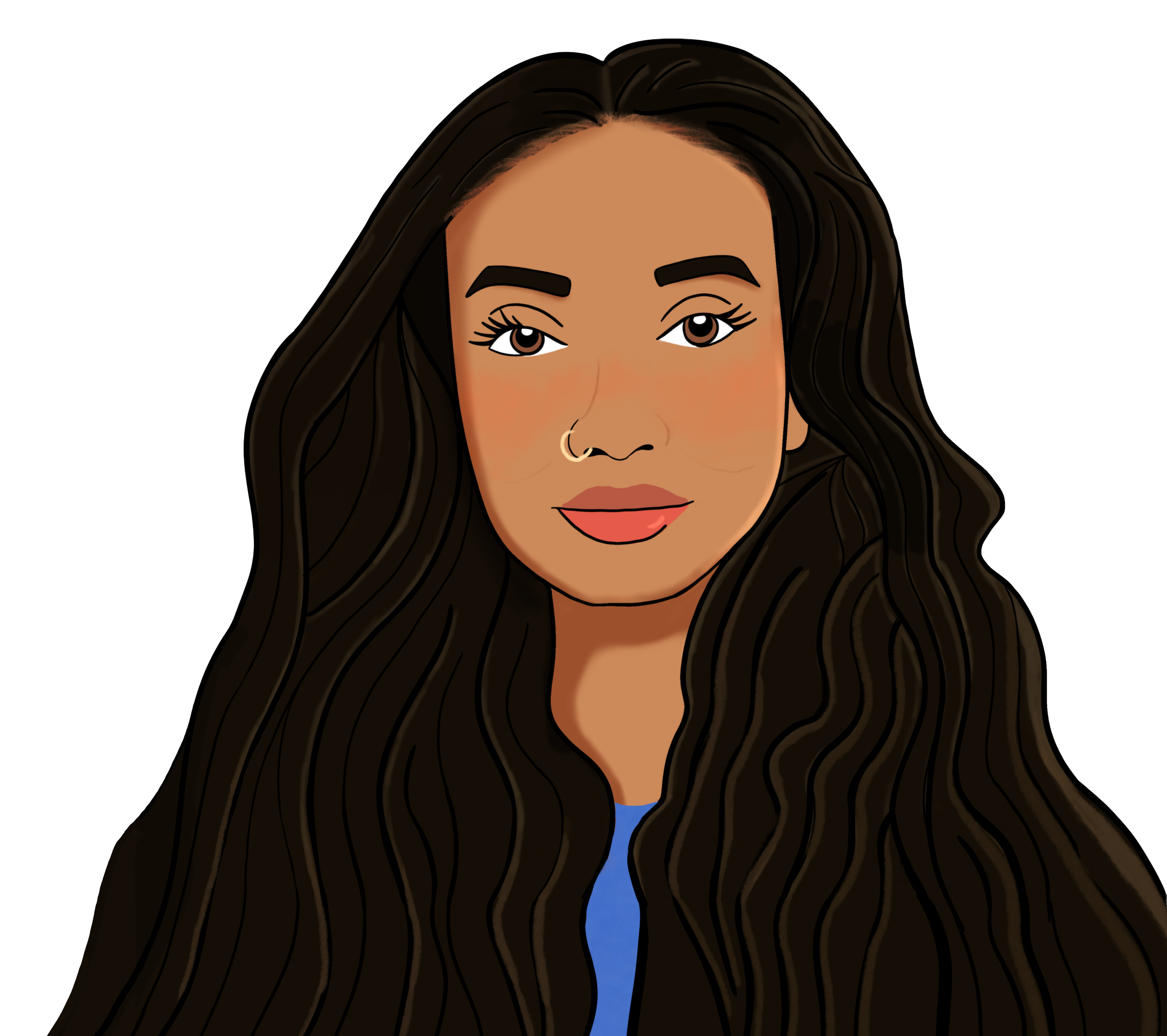 A digital drawing of Marlena Sivalingam with blue top.