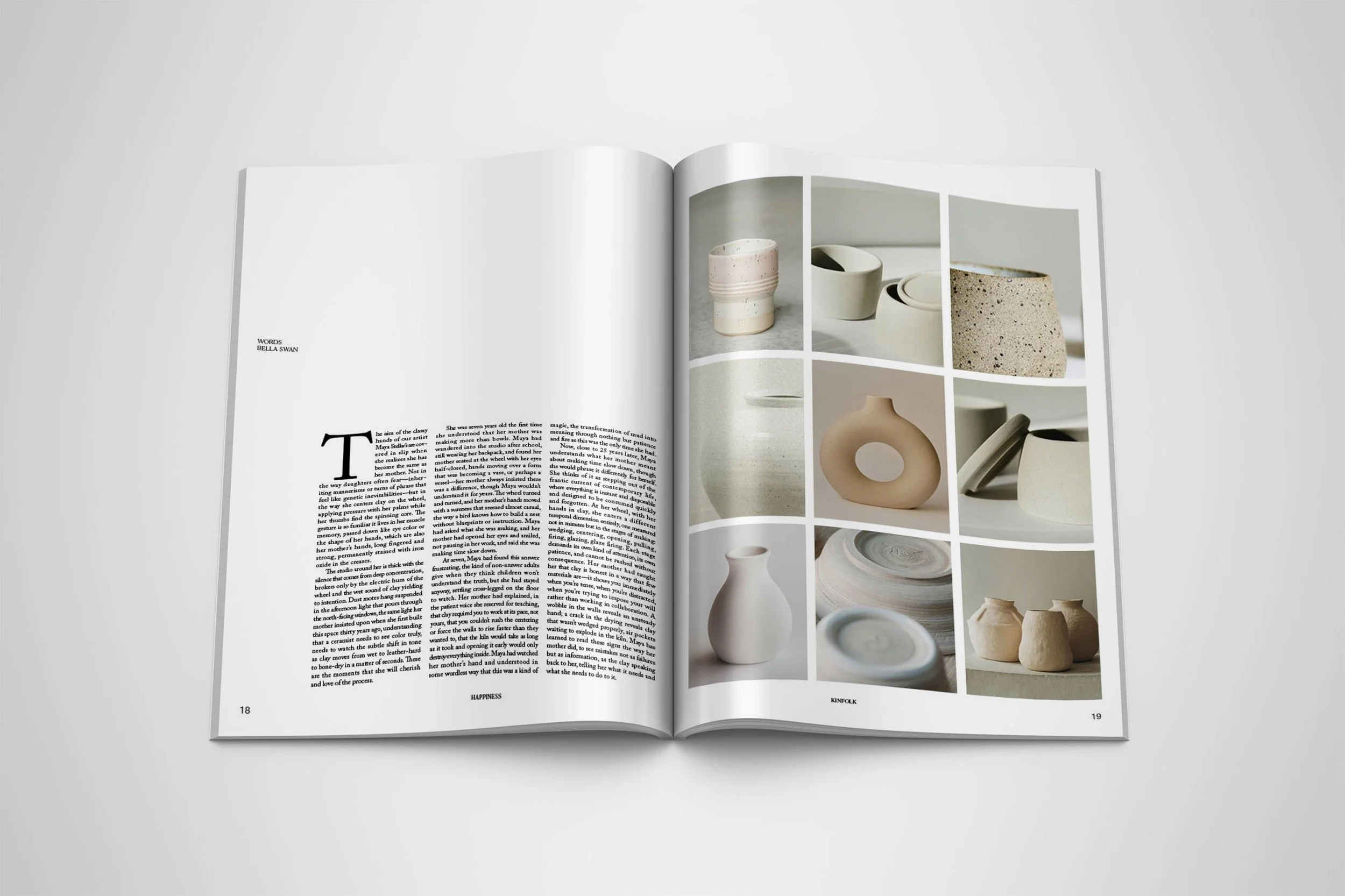An open Kinfolk Spread with text on the left page and images of pottery on the right page.