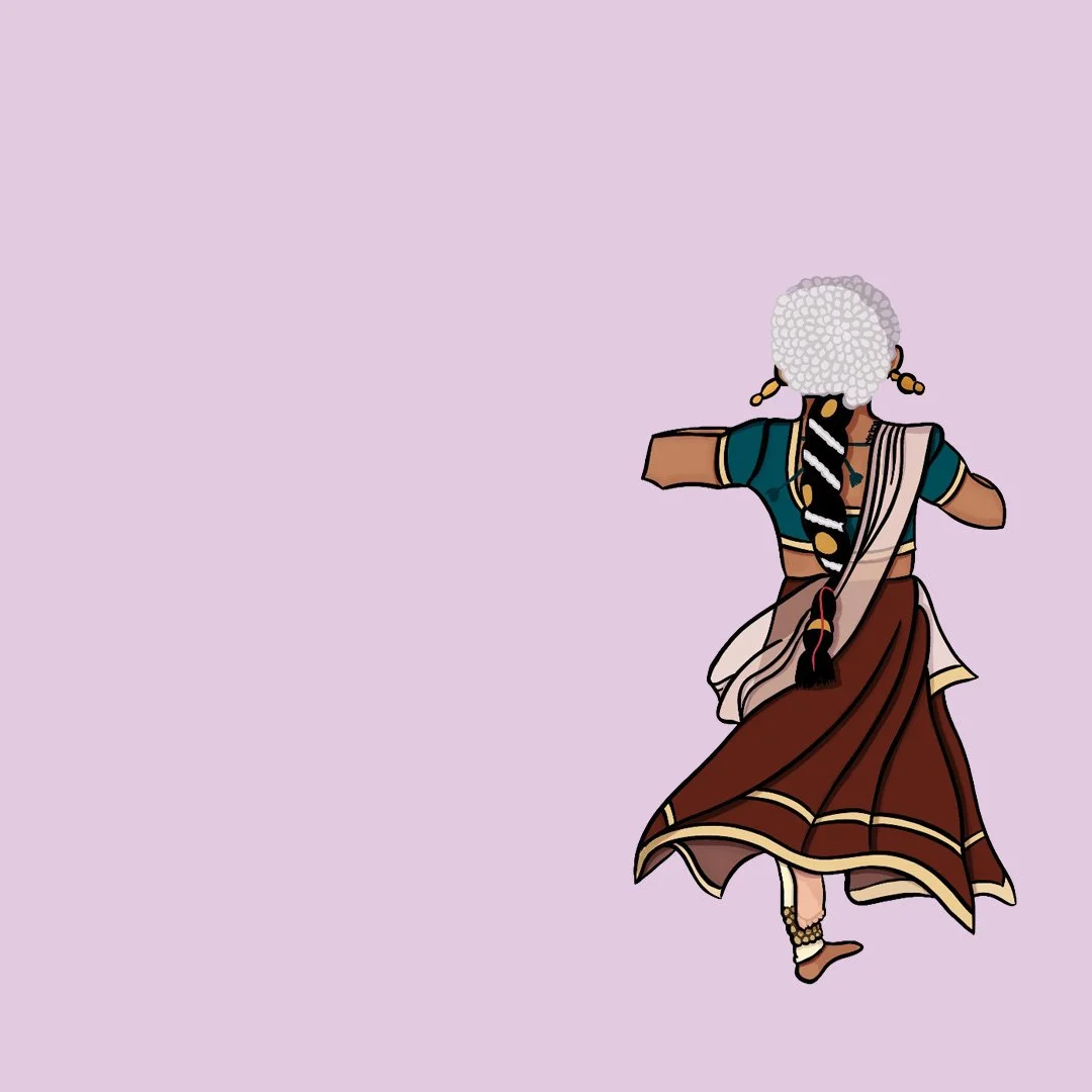 digital drawing of a bharthnatyam dancer in a blue-green saree blouse and red skirt with yellow lining running away on a pink-purple background