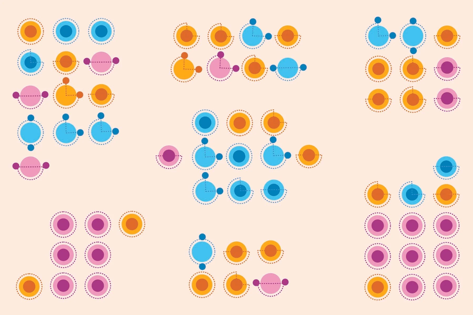 Week 1 postcard front design with abstract art containing yellow, pink and blue circles