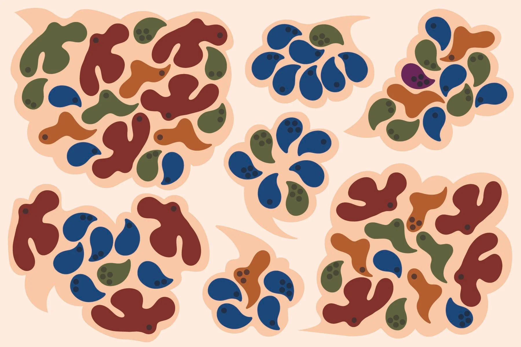 Week 2 postcard front design with abstract art containing round shapes of red, green, yellow and blue.