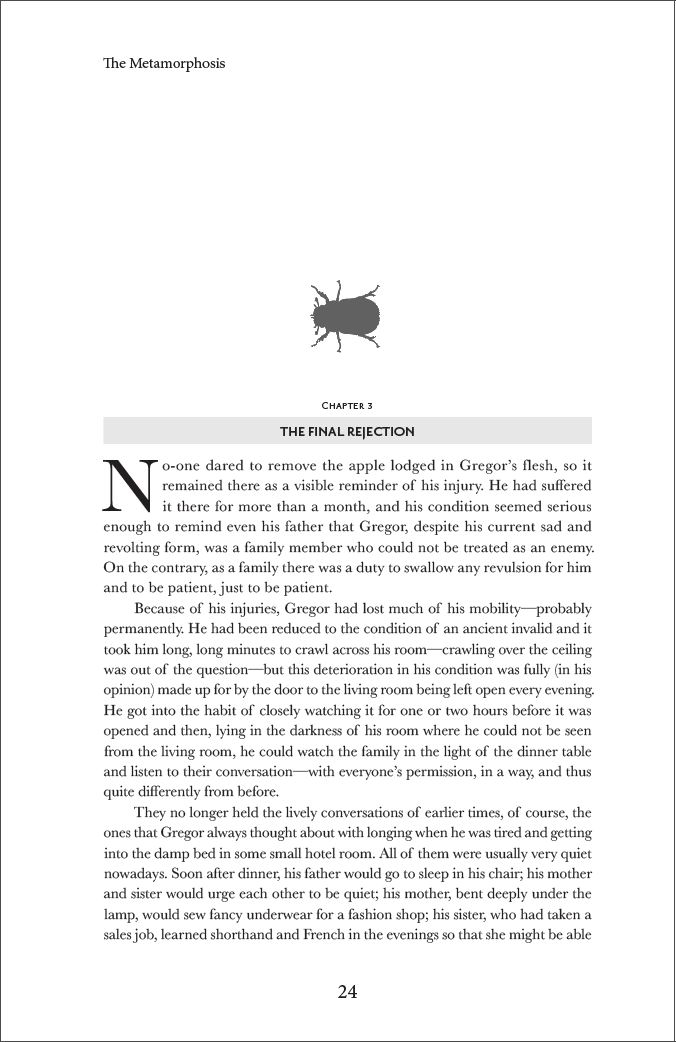 The first page of chapter one showcasing the beetle image on top of the chapter number and name.