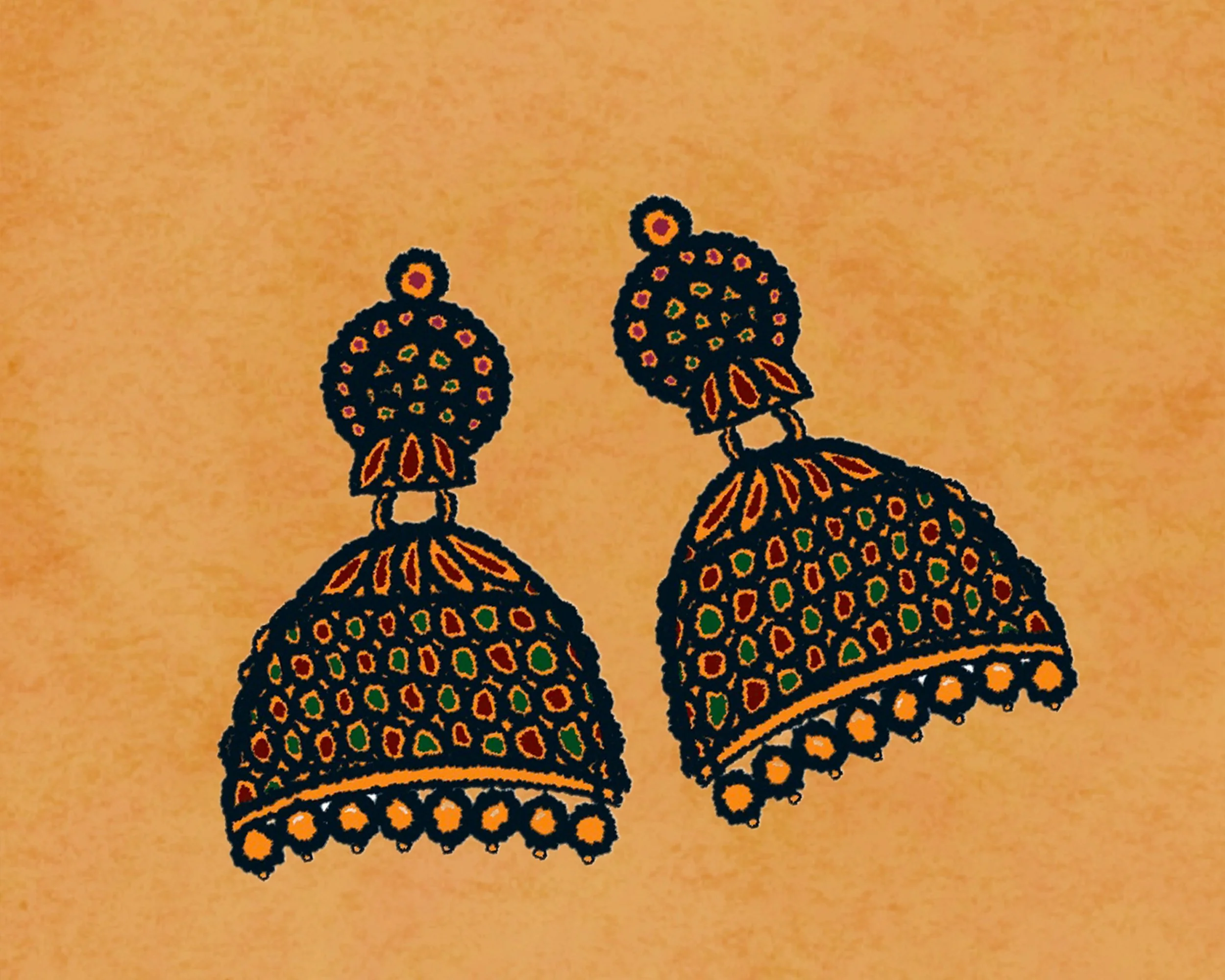 digital drawing of gold jhumki earrings with red and green jewels on a textured gold background