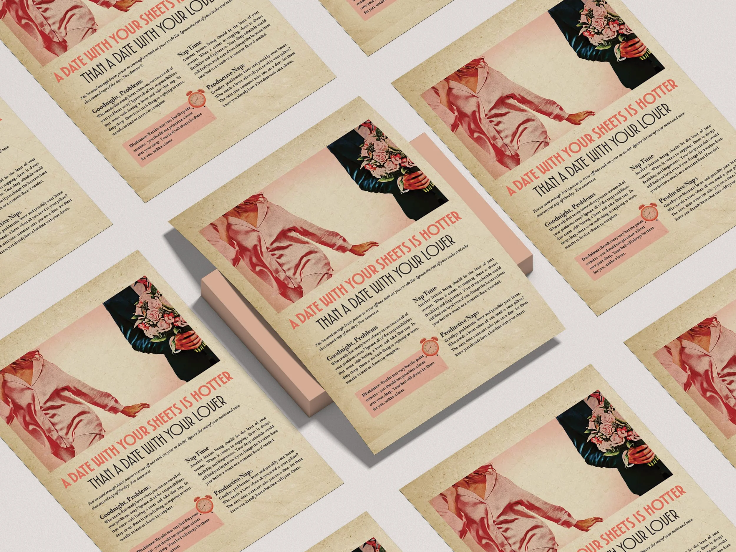Multiple 'A Date With Your Sheets' posters laid on a white background.