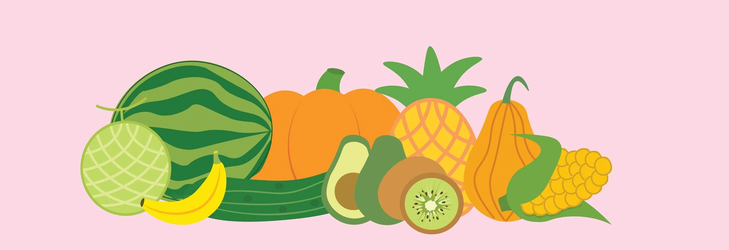 A layout of the foods used within the infographic on a pink background.