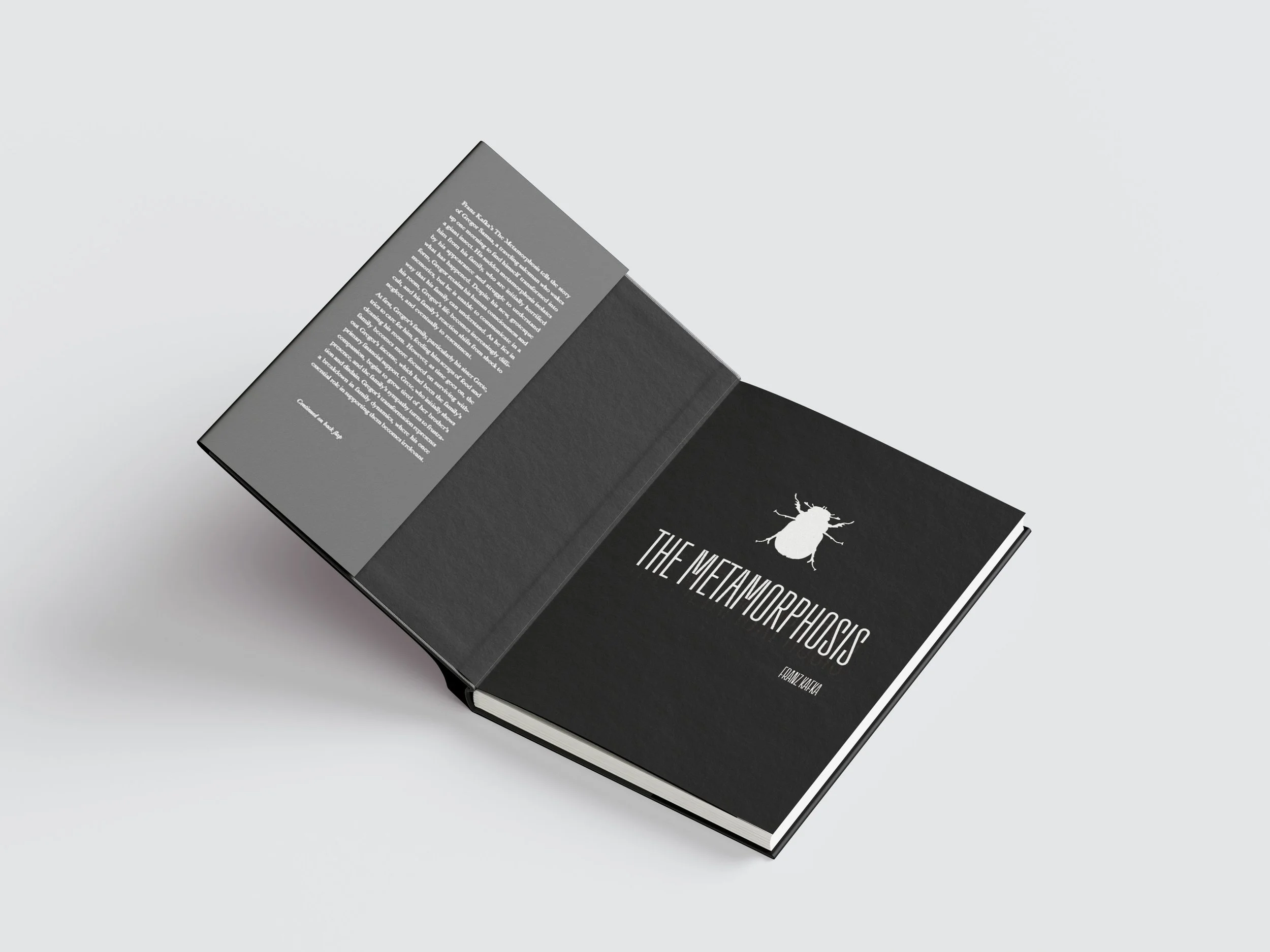 An open book showcasing the front dust jacket and half page with the title and a white insect image.