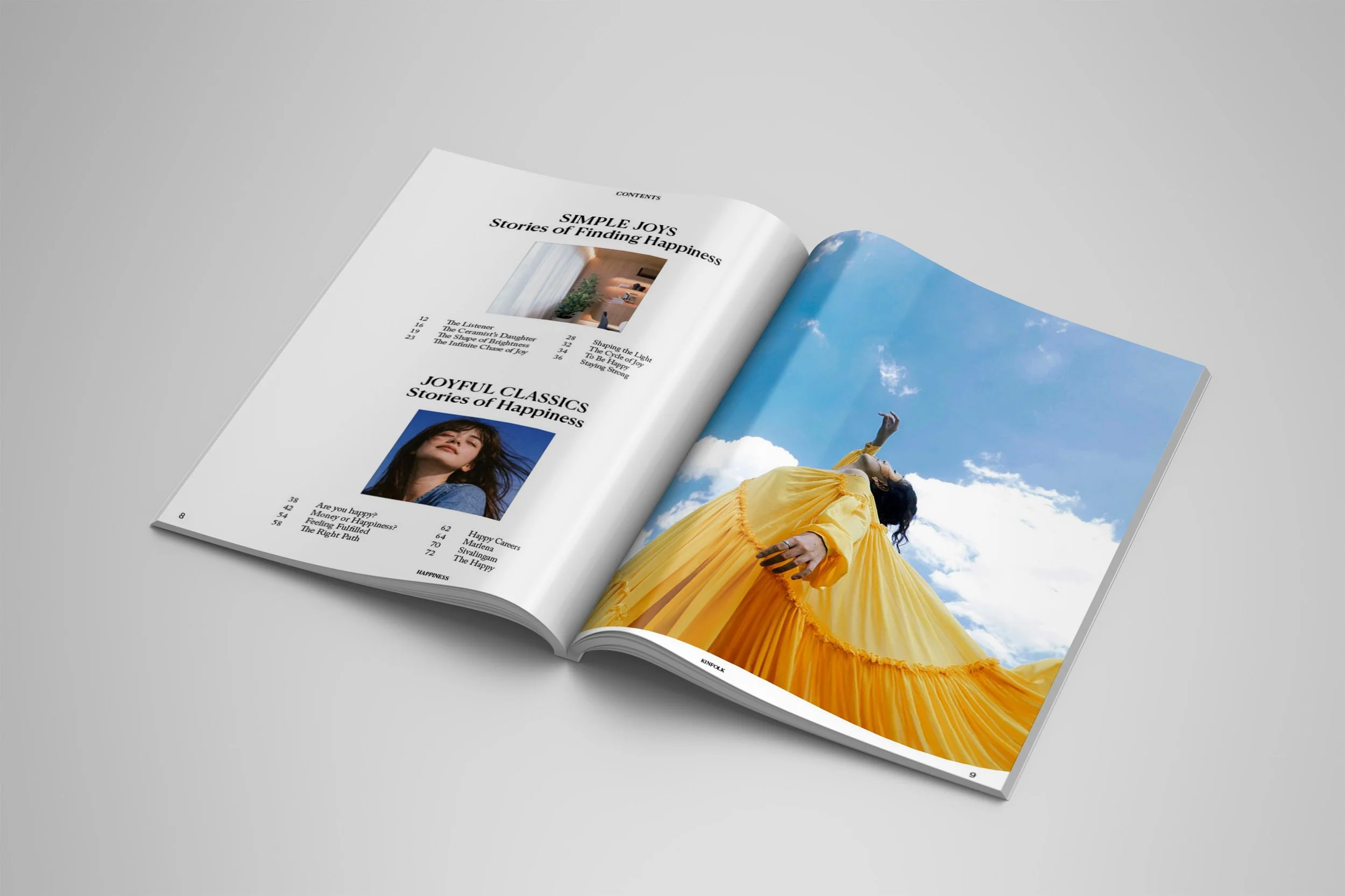 A magazine spread of the table of contents on the left page and an image on the right side.