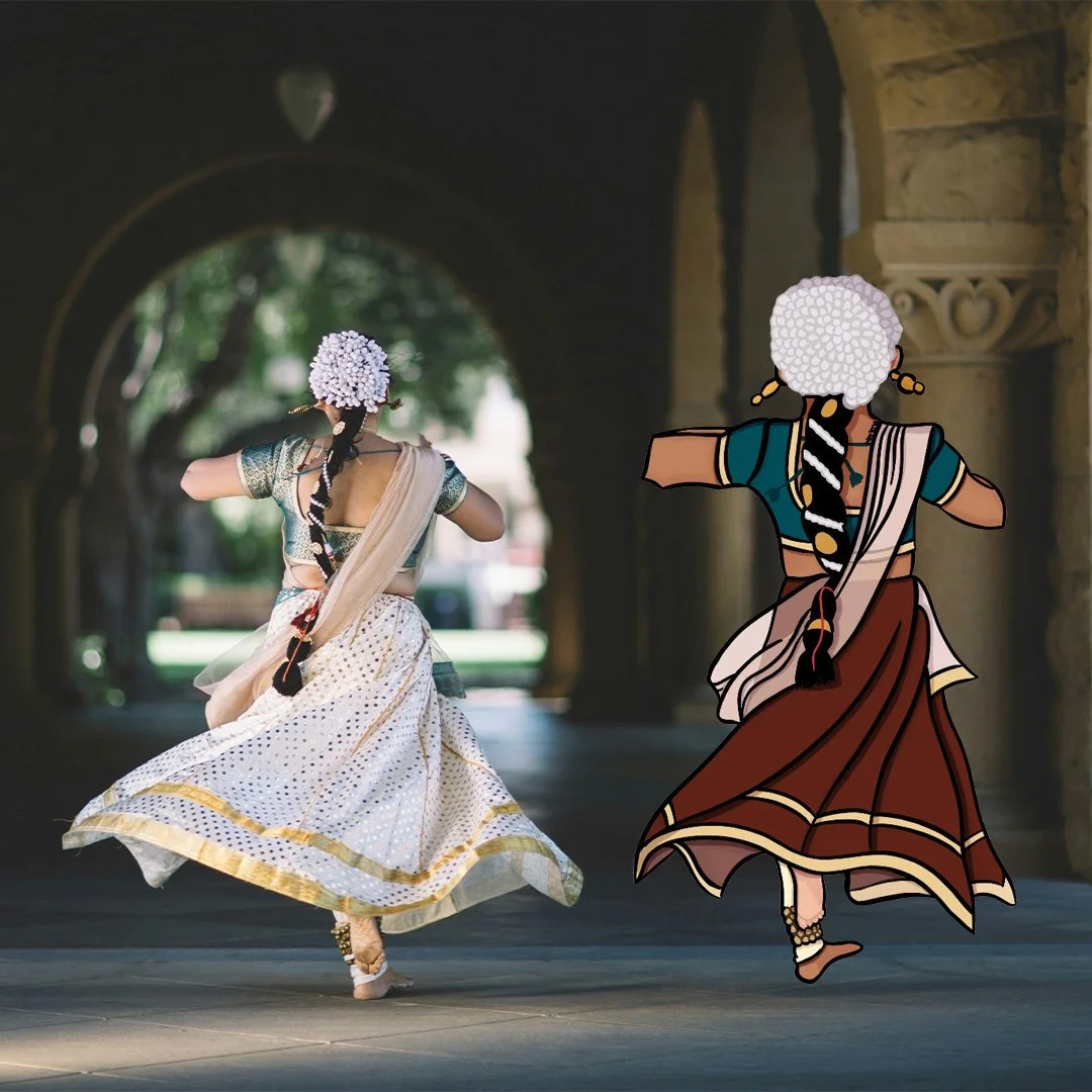 digital drawing of a bharthnatyam dancer in a blue-green saree blous and red skirt with yellow lining running alongside a photograph of a dancer similar in appearance