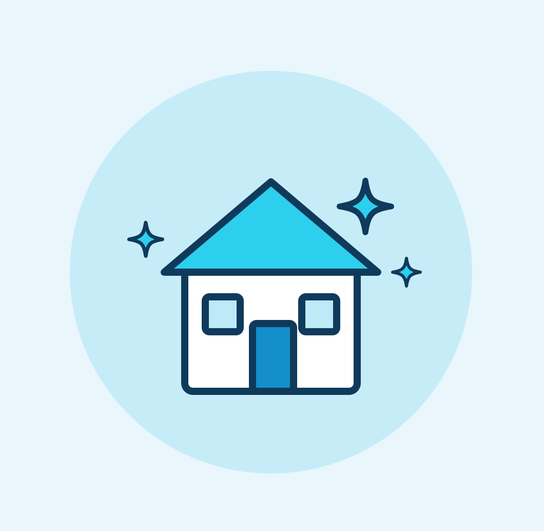 Simple illustration of a house with a blue roof surrounded by sparkles on a light blue background.