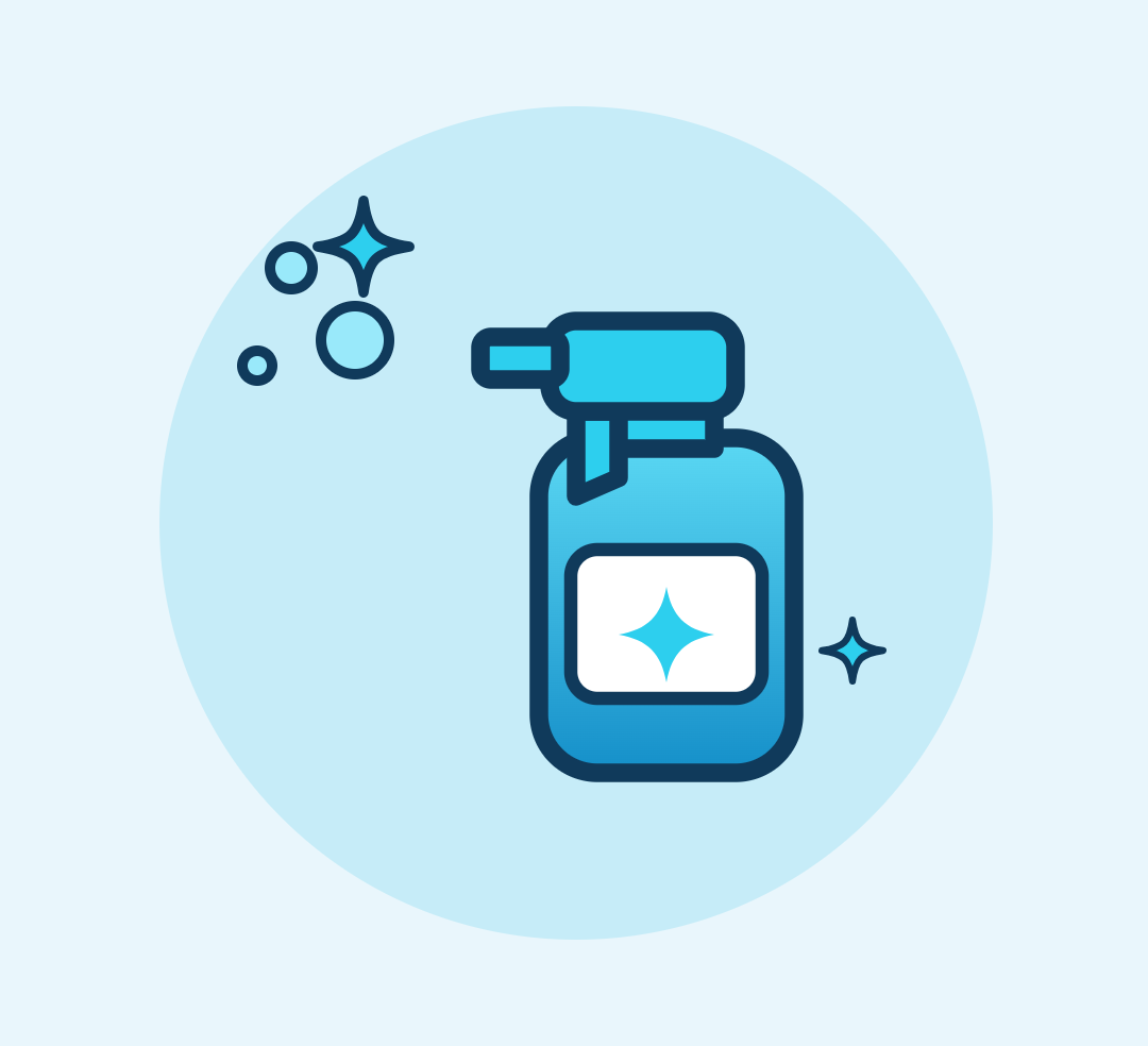 Illustration of a spray bottle with cleaning or disinfecting solution, featuring sparkling effects around it.