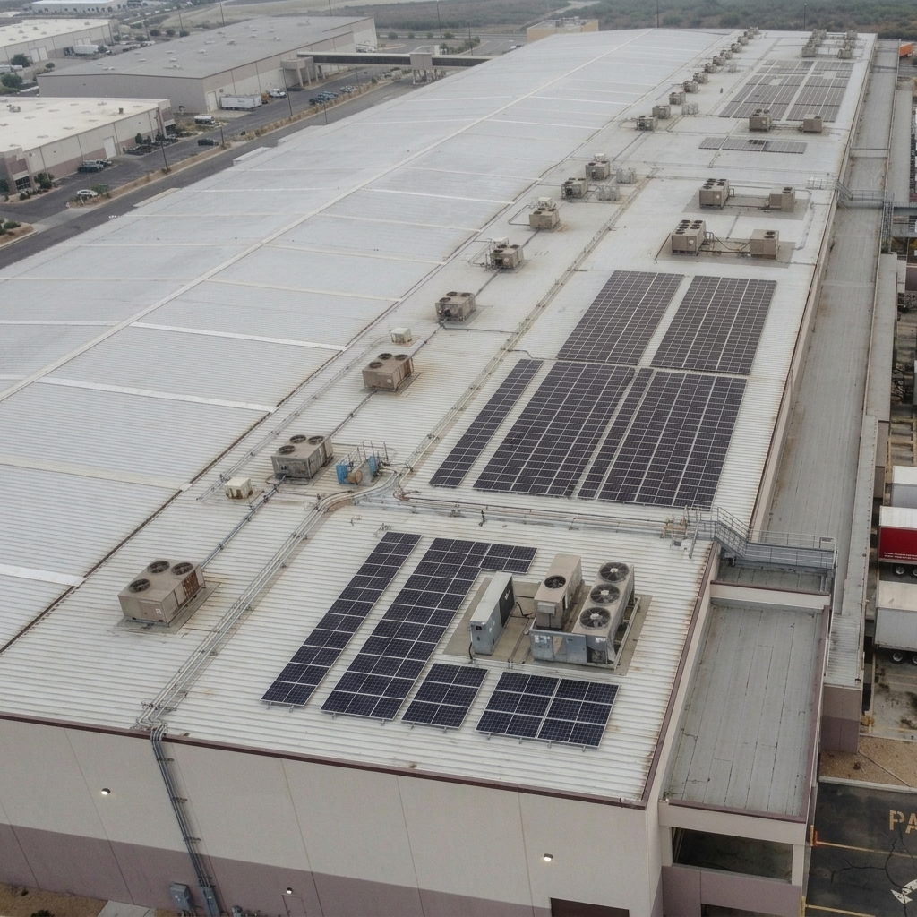 A large commercial building's roof with solar panels and HVAC units, with parking lots and other buildings in the background.