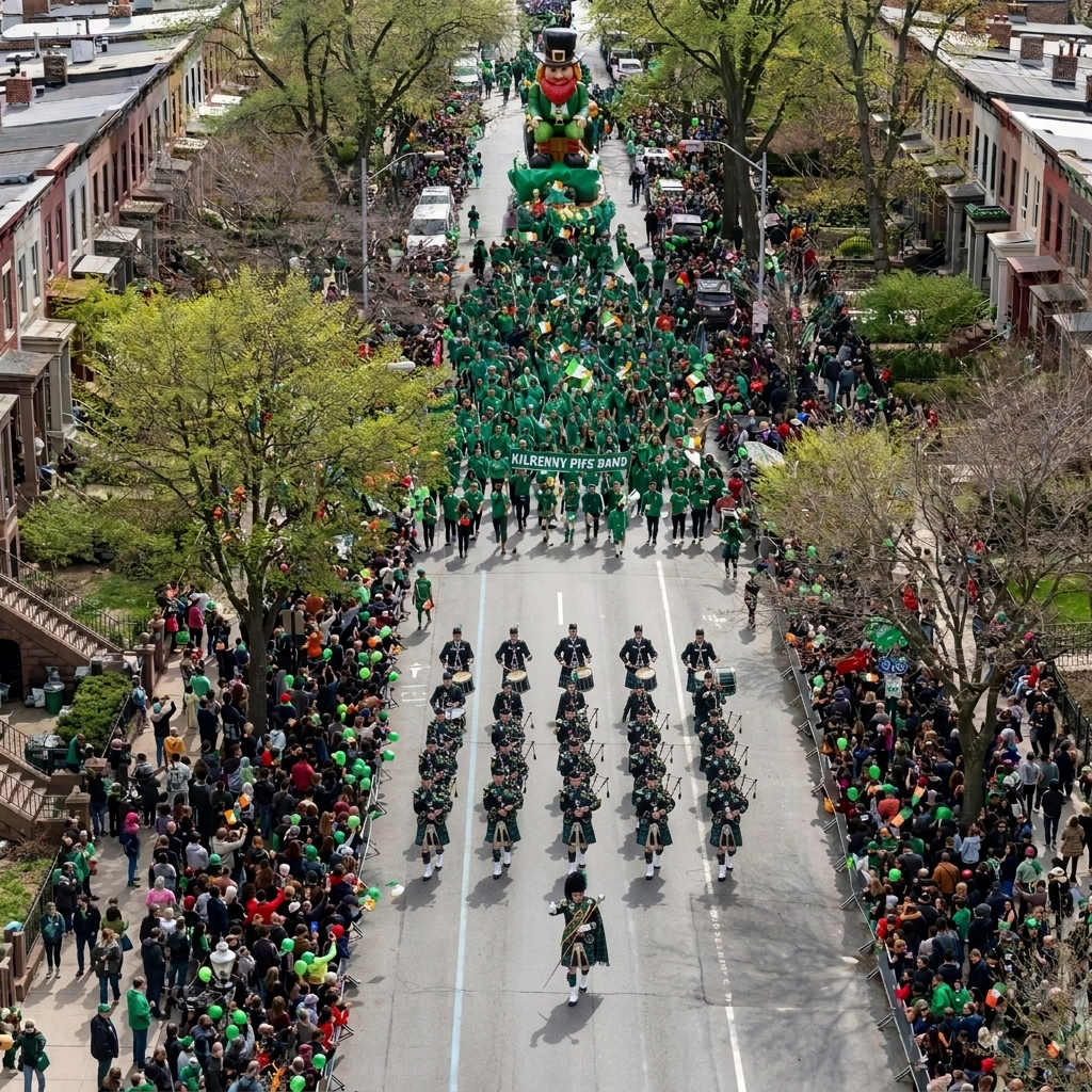 A parade with a marching band performing on a city street decorated for St. Patrick's Day or Irish celebration, with a large inflatable leprechaun float and many spectators lining the sides of the street.