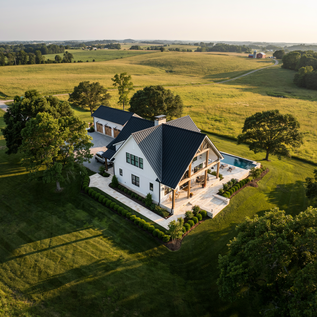 An aerial view of a farmhouse with a swimming pool, surrounded by a green lawn, trees, and open fields in the countryside.