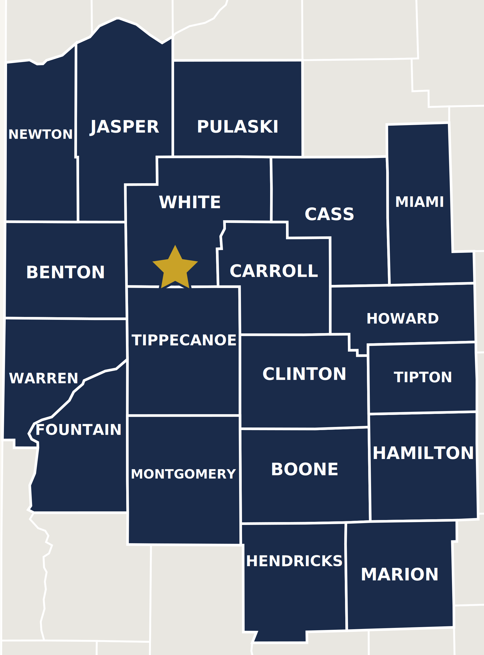 Map of counties in Indiana, with each county labeled in white text on a dark blue background, and a yellow star marking a specific location in Benton County.
